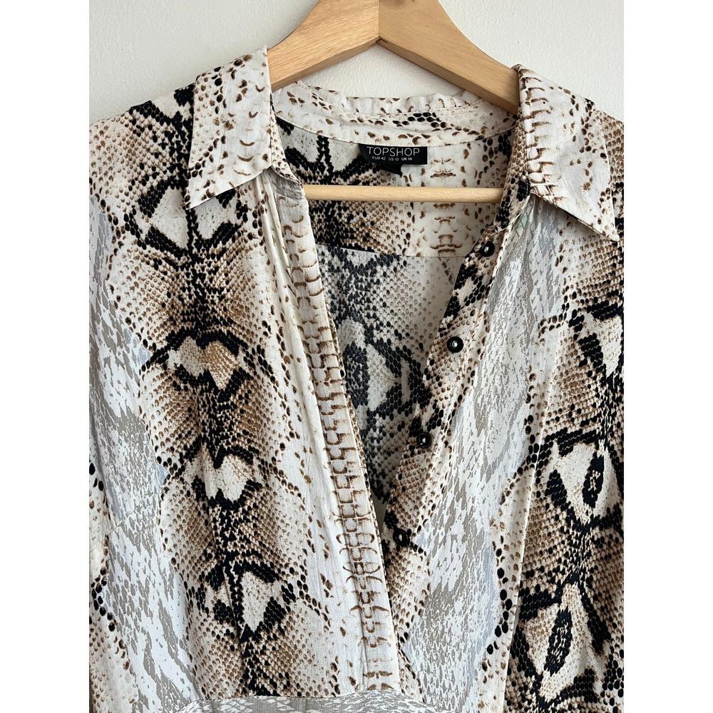 Topshop Snakeskin Print Midi Shirt Dress Tan Cream‎ Mob Luxe High SlitUS 10 - Picture 4 of 14